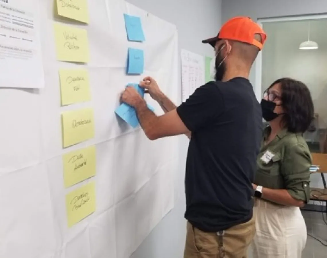 A man and woman putting color-coded notes on a whiteboard