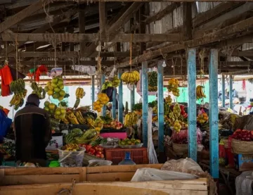 A fruit market with a worker sorting fruit